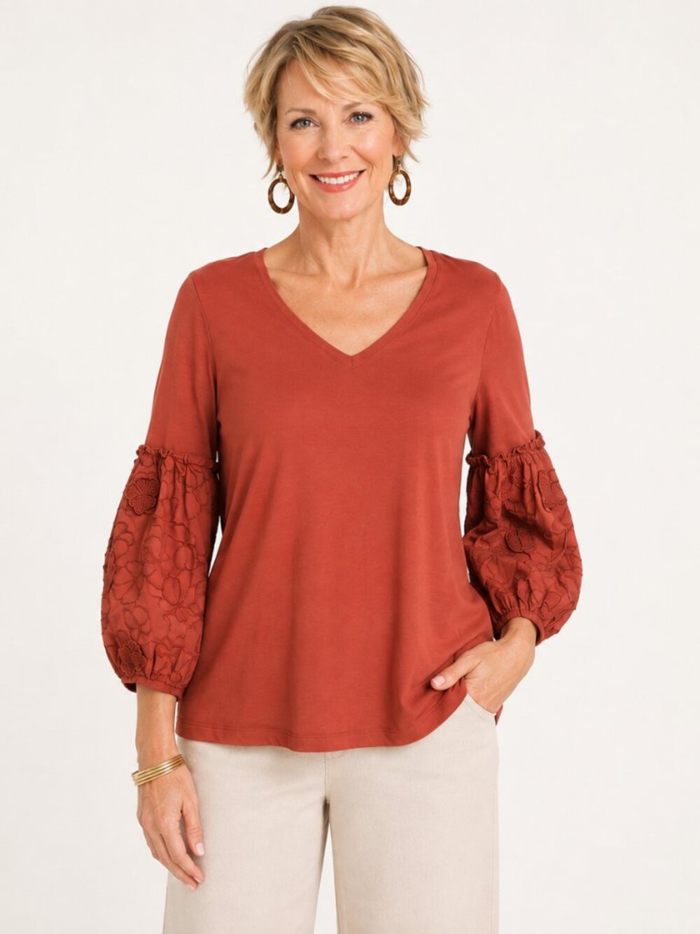Chico's Size 2 Large Blouse Top Rust Orange Puff Sleeve Floral Embroidered Fall